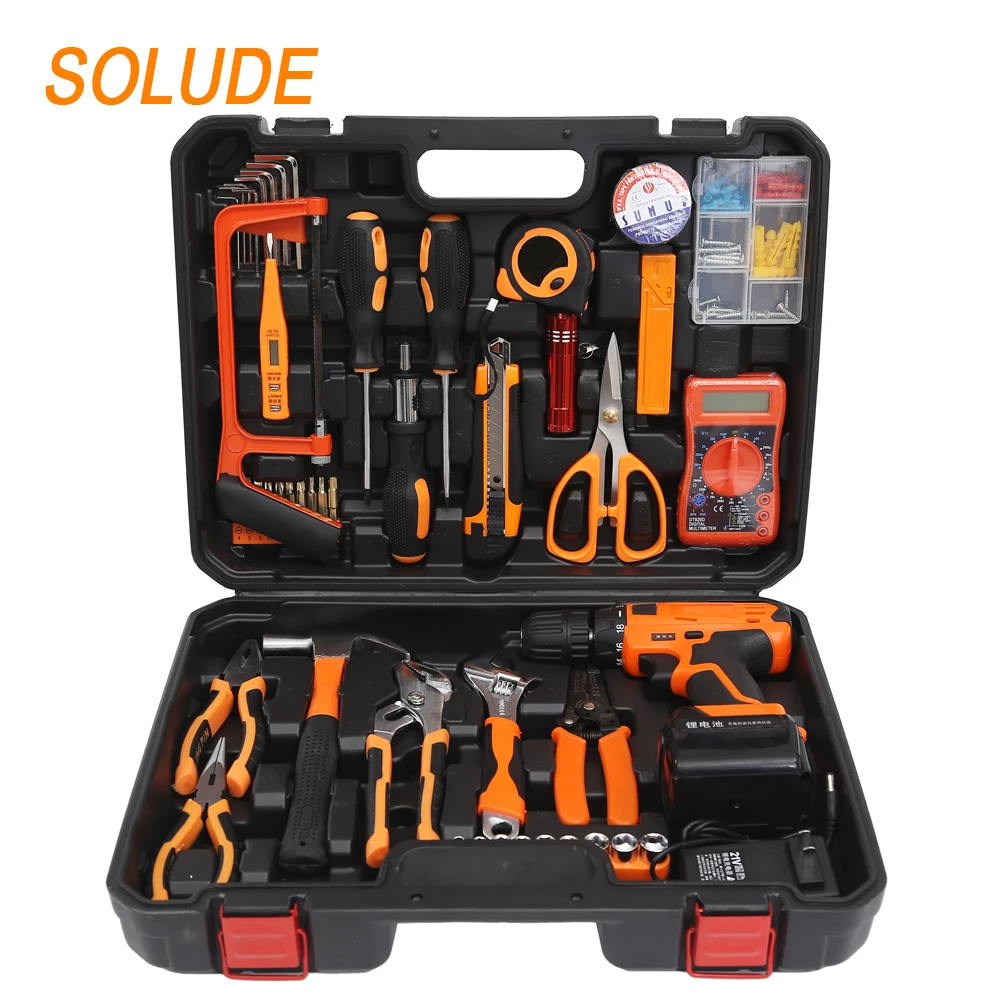 SOLUDE 97 Piece 21V Lithium Battery Drill Household Hand Tools Kit With Plastic Toolbox Storage Case