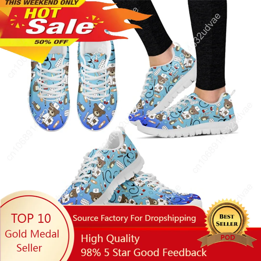 

Women's Sneakers Nurse Shoes Cute Gradient Cartoon Nurses Bear Print Mesh Breath Flats Shoes Lace-up Sapato Feminino