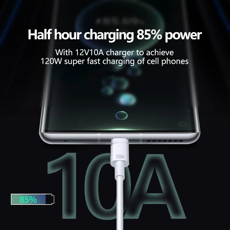 10A Type C Fast Charging Cable for Huawei Mate 40 50 Mobile Phone 120W USB-C Phone Data Cord  for Xiaomi Samsung Oneplus POCO