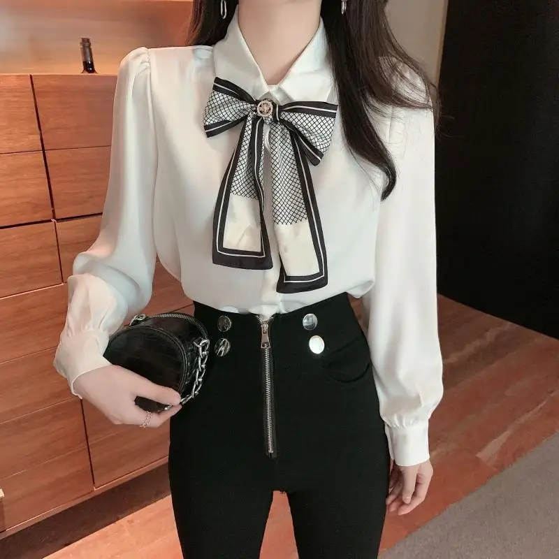 Temperament White Polo Neck Blouse Spring Autumn New Long Sleeve Solid Bow Lacing Office Shirt Tops Korean Fashion Women Clothes