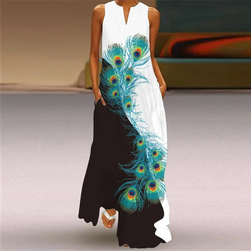 Elegant Butterfly Printed Bohemian Long Dress 2024 Summer Women's Sleeveless Maxi Dress V-neck Printed Dress Vestidos Para Mujer