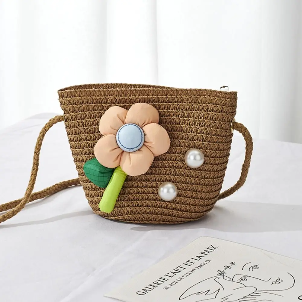 Fashion Handwoven Kids Straw Bag Shell Shape Pearl Flower Shoulder Bag Summer Beach Bag for Children Girls