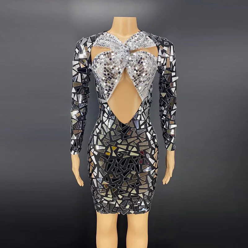 Frauen sexy blinkenden Spiegel Pailletten Mesh schwarz Kleid Mode Kleider Designer Kleidung Sänger Bühnenshow Party kleider