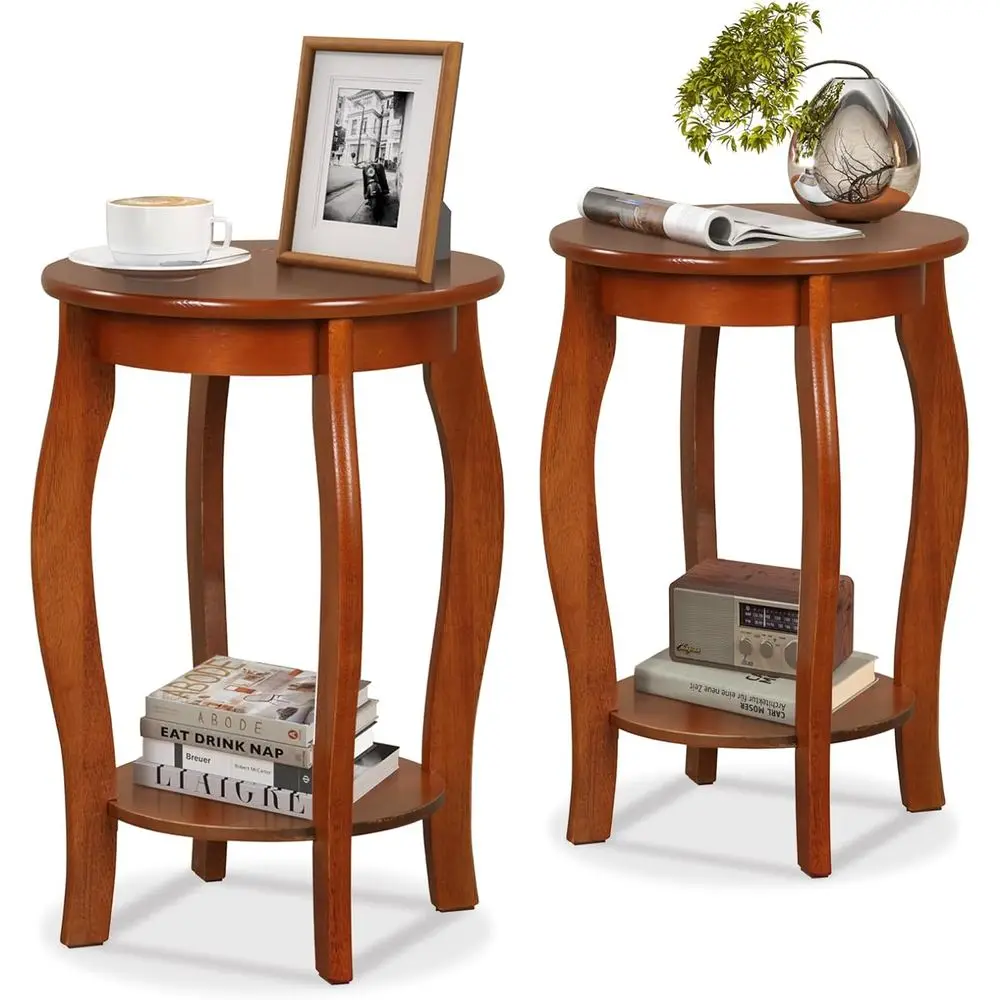 

Walnut Finish Wooden 2-Tier End Table with Storage Shelf for Living Room or Bedroom