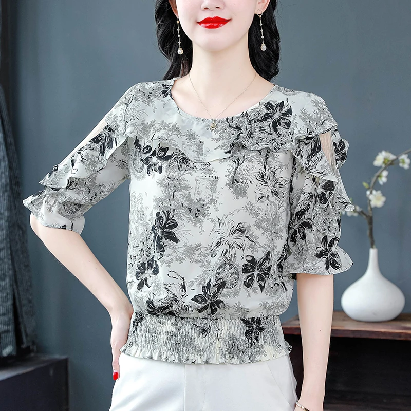 New Half sleeve Lady tops Summer 2024 fashion Floral Printed Shirt Round Neck Casual Ruffles Women Chiffon blouse