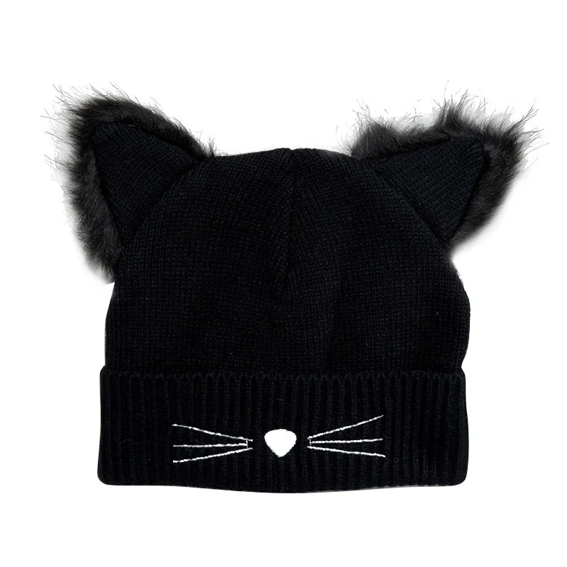 Warm Winter Hat For Women Wool Knitted Cat Ears Faux Mink Hats Skullies Fur Pompom Caps Female Beanies Bonnet Femme