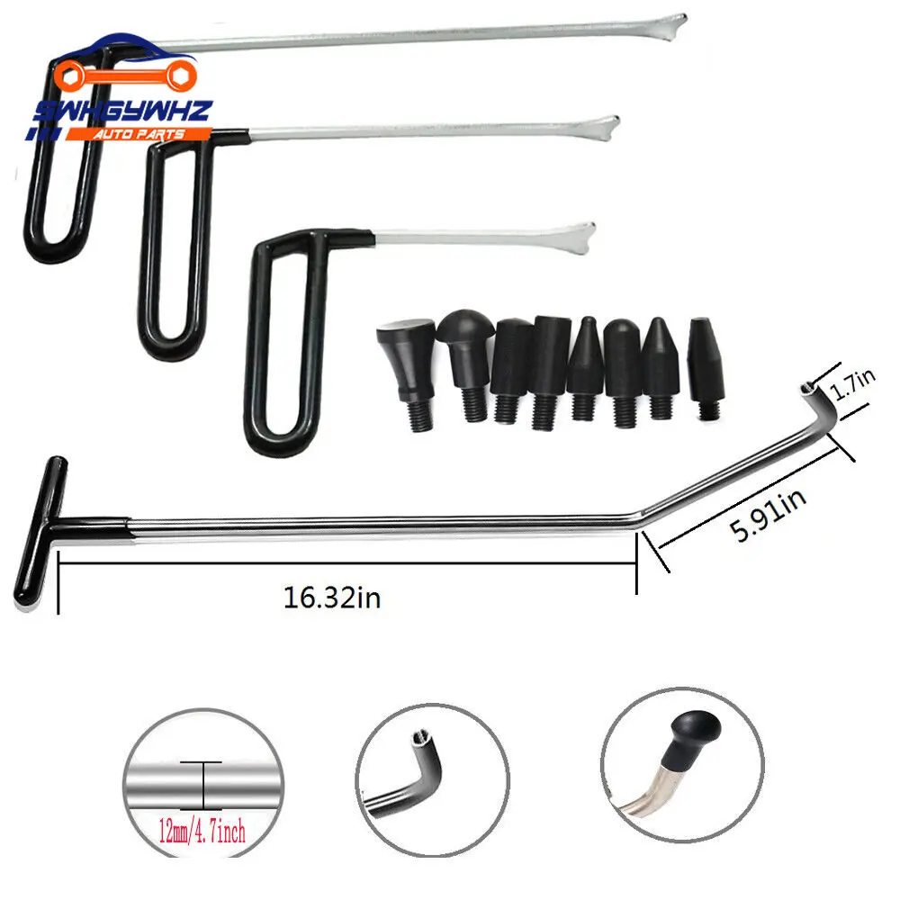 Auto Paintless Hail Damage Repair Puller Dent Removal Tool Stainless Steel Push Rod Hook with Replaceable Head Sheet Metal