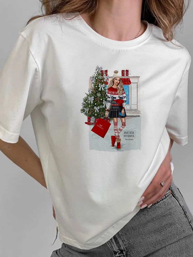 

New Year Casual 90s Happy Merry Christmas Antlers Versatile Christmas T-Shirt Women Print Women Top Snowman Print Women Gift