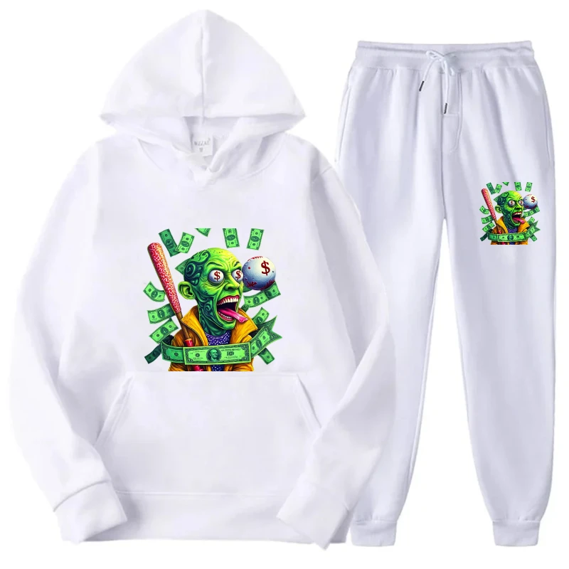 ชุดเสื้อฮู้ดลายผีเสื้อสีขาว แรงบันดาลใจจากลายพิมพ์ เสื้อสเวตเชิ้ตและกางเกงขายาว ชุดวอร์มสำหรับผู้หญิง ออกกำลังกาย โยคะ ชุดลำลอง