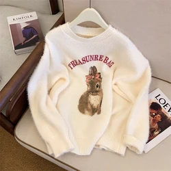 Jersey de manga larga de punto para mujer, Jersey informal Y2K con estampado de viñetas de animales y conejitos, suéter de punto con cuello redondo para invierno