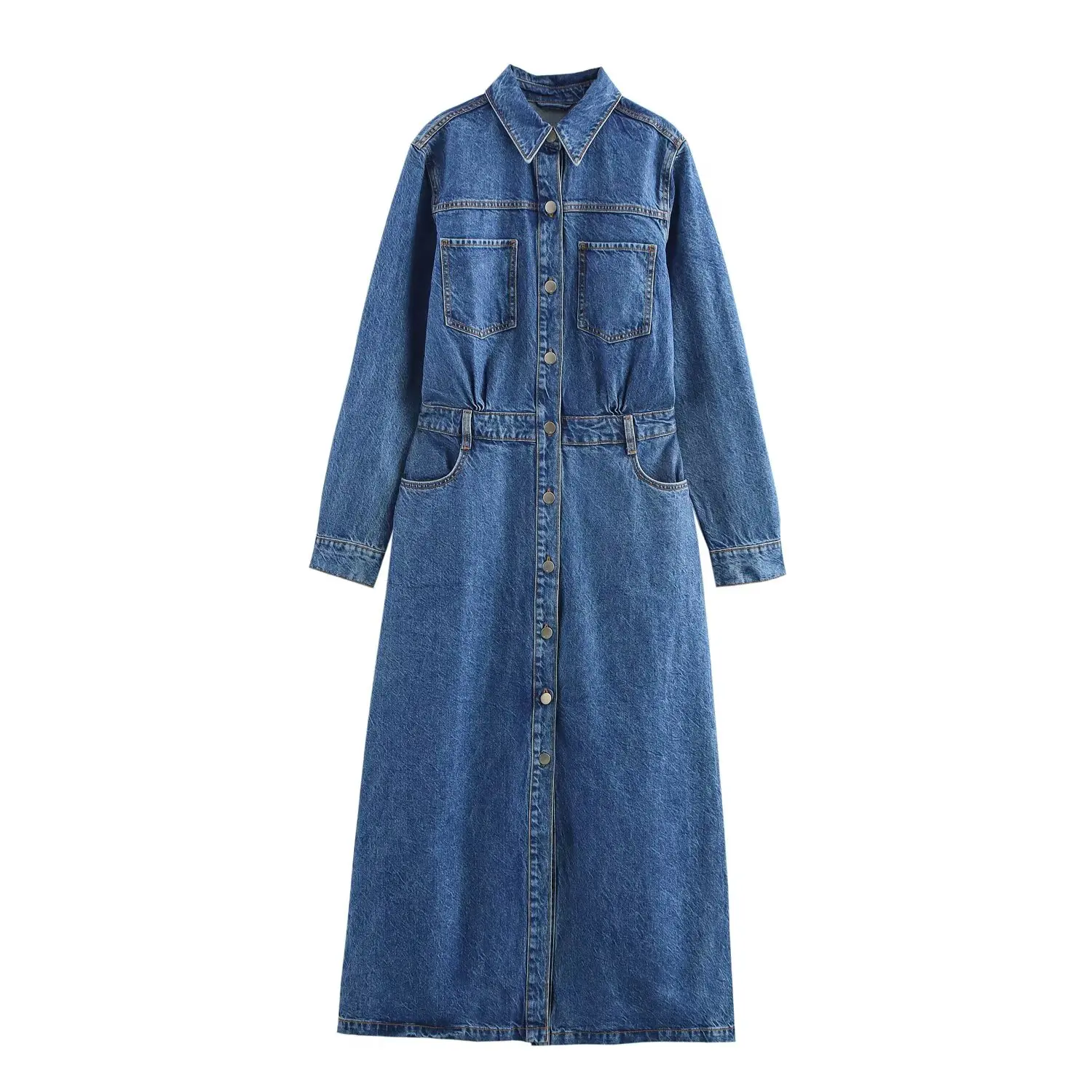 

Taop&Za Womens Long Sleeve Denim Dress with Collar Button Down Design Chest Pockets and Waist Cinch Stylish and Versatile