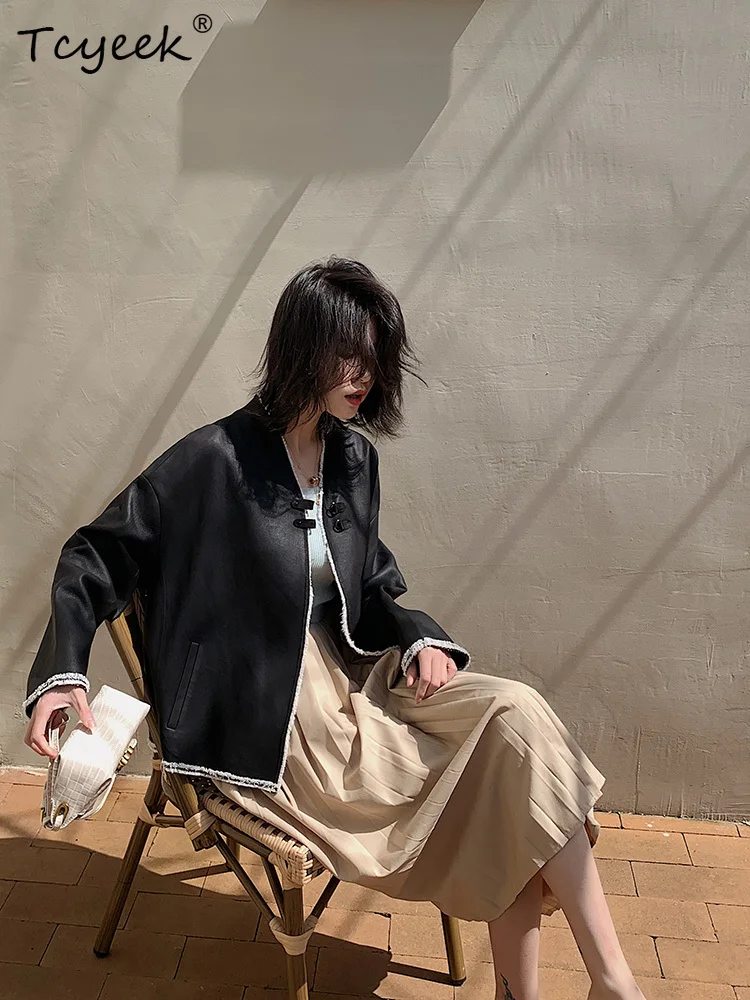 Tcyeek peau De mouton printemps automne haut De gamme noir col en v court femmes veste en cuir véritable Jaqueta De Couro légítimo Feminina