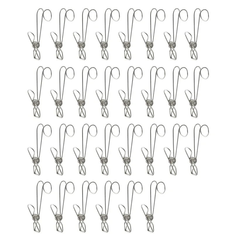 

A50I Long Tail Clip Long Tail Windproof Clothespins With Hooks 30Pcs Stainless Steel Strong Grip Clip Space-Saving