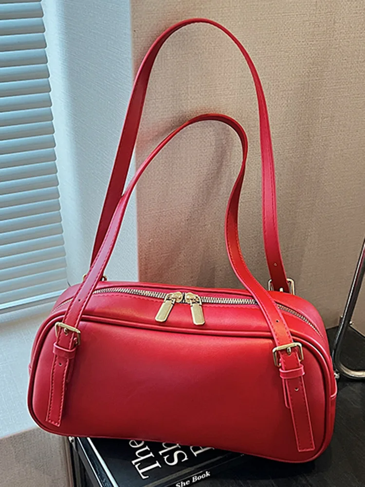 

Luxury Fashion Red PU Leather One Shoulder Bags Women Chic French Simple Solid Color Underarm Bag 2025 Autumn Commuter Handbags