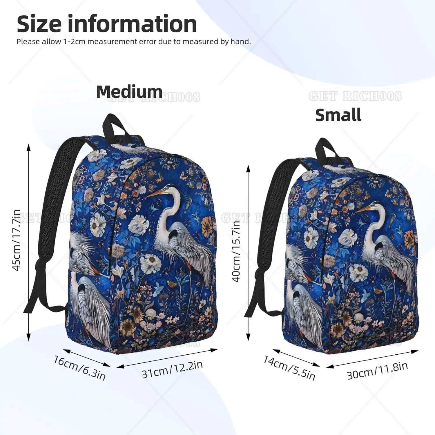 Blue Heron Floral Garden Computer Canvas Backpack Bag with Adjustable Straps Print One Size