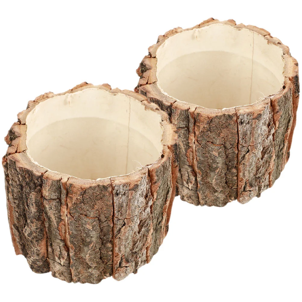 2 Pcs Bark Flower Bucket Stands Rattan Plant Tree Stump Decor Farmhouse Planters Barrel Wood Rustic for Outdoor Plants Tealight