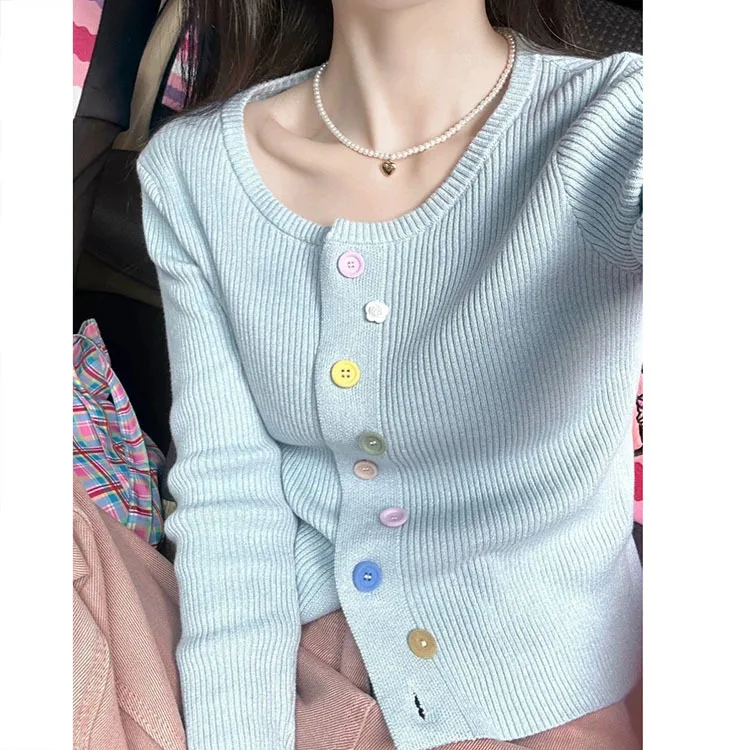 

Women Cardigans Autumn Winter 2024 Blue Breasted O-neck Knitted Sweater Spring Fashion Short Knitwear Cardigan Jumper S01