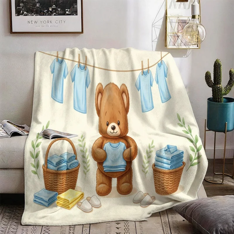 Cute Bear Nursery Theme Throw Blanket Baby Boy Room Decor Washcloth Laundry Cartoon Keepsake  Accent Bedding Storage Art Print
