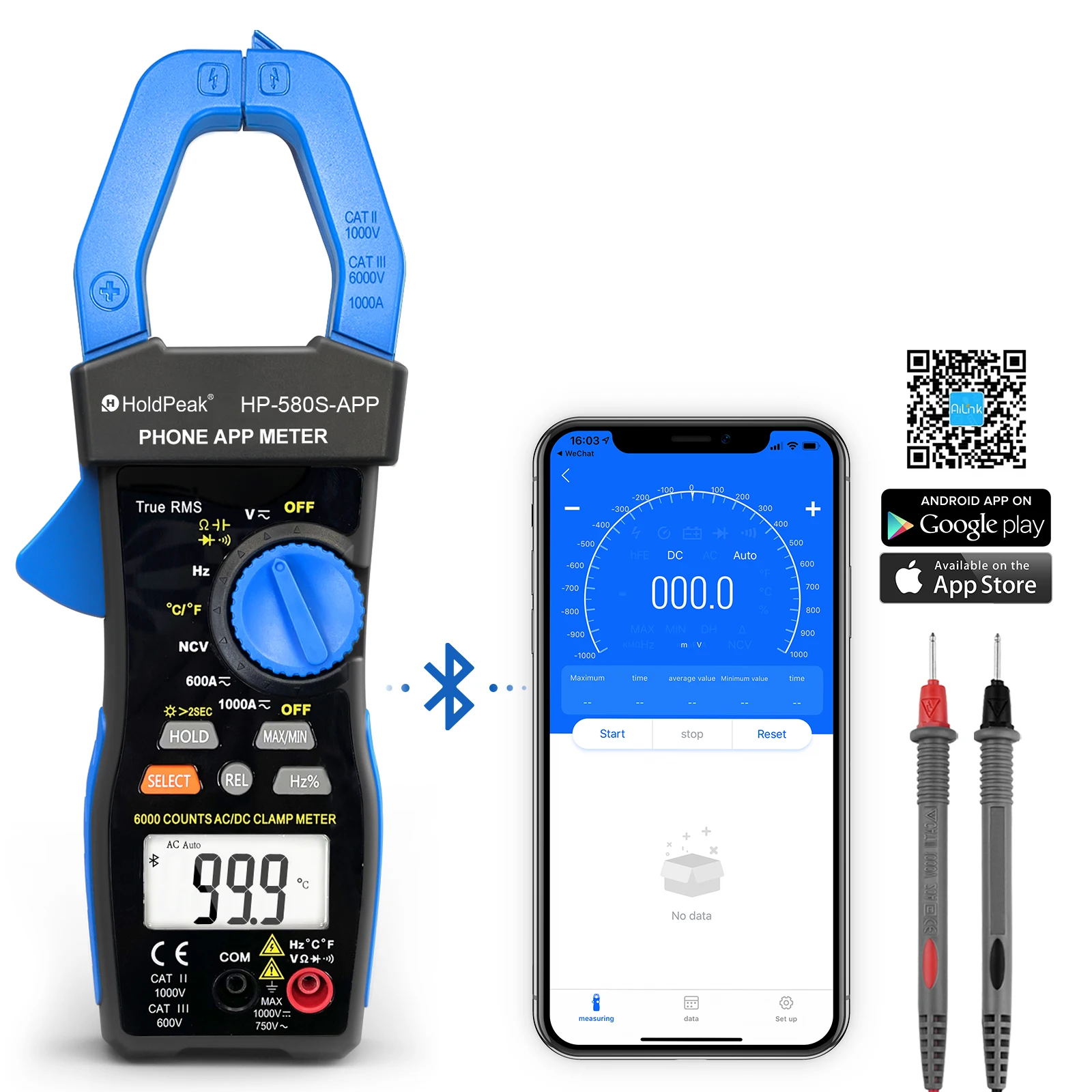 HoldPeak HP-580S-APP True RMS Clamp Meter, 6000 Counts, APP Connect, 1000A AC/DC, Voltage, Resistance, Temperature, Continuity