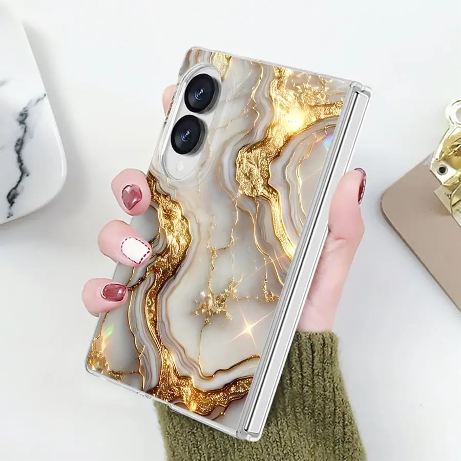 Transparent Phone Cover Case for Samsung Galaxy Z Fold 8 ZFold 8 PC Hard Luxury ZFold8 Gold Marble