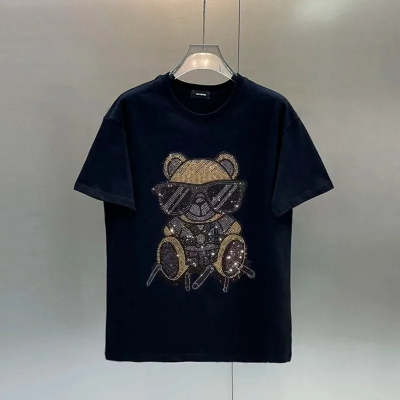 

New Fashion Bear Trend Rhinestone Diamond Short Sleeve Luxury Men Summer T-Shirt