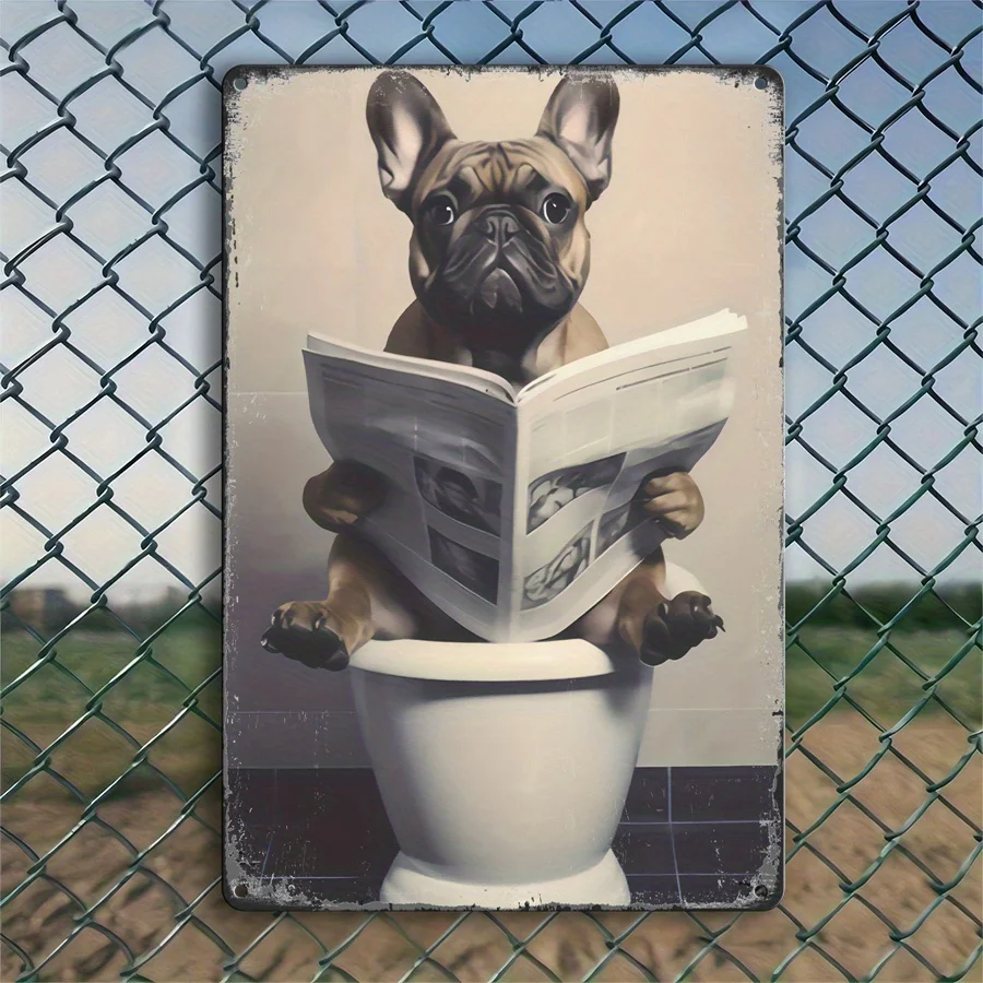 (Pintura en Lata 2D) Letrero Metálico Vintage con Diseño de Cachorro Leyendo en el Inodoro - Bulldog Francés con Diseño de Periód