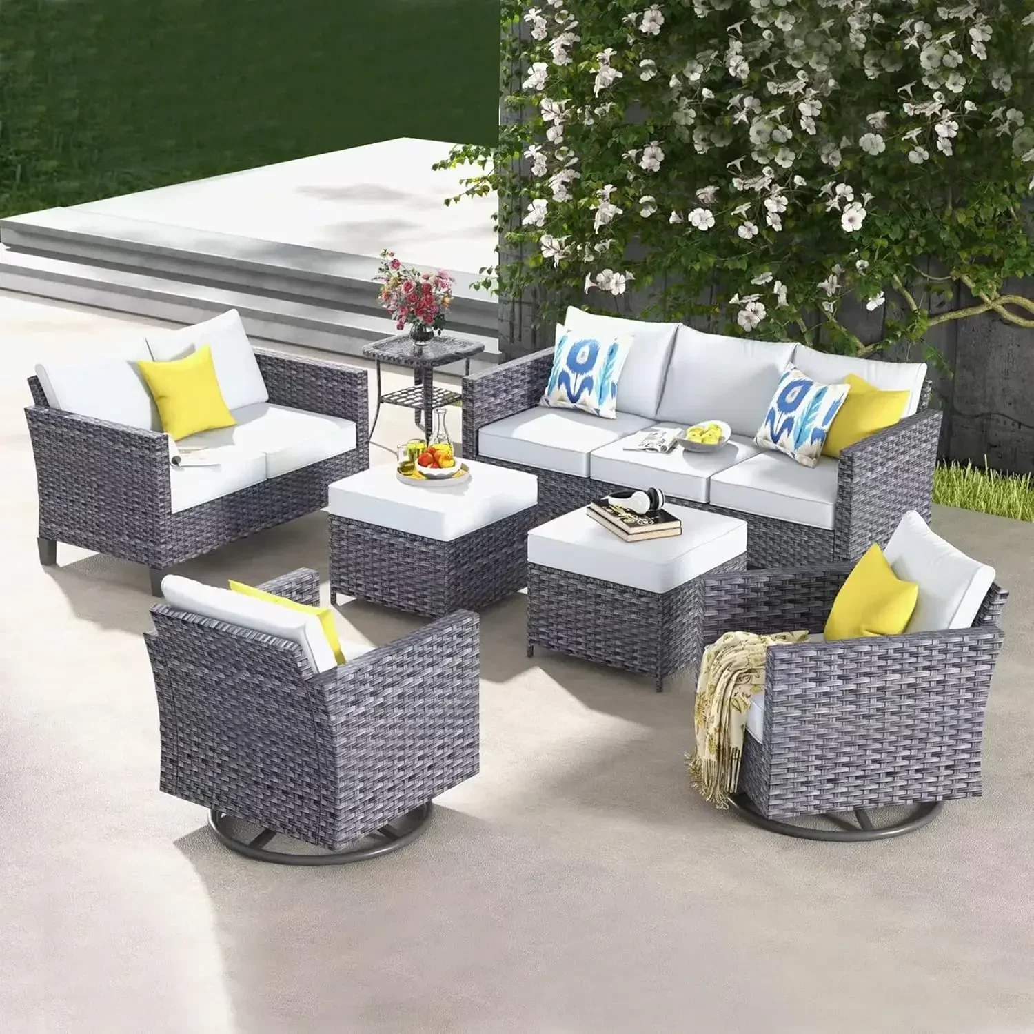 Patio Furniture Set,Outdoor Wicker Rattan Sofa Couch, Loveseat and Comfy Cushions Conversation Set for Garden Backyard Deck,Grey