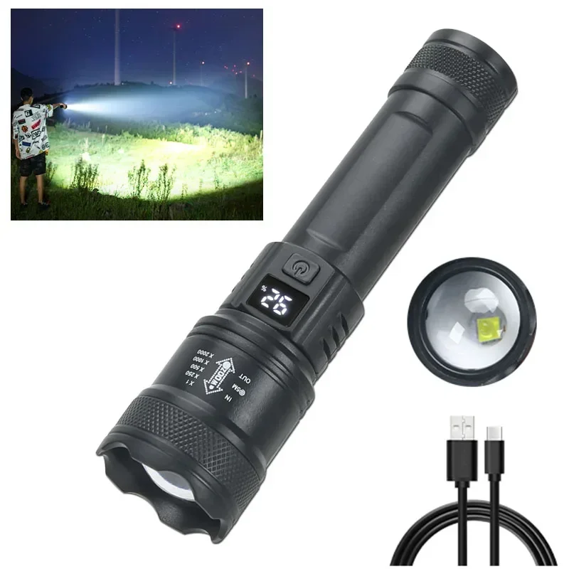900000 LM Leistungsstarke LED-Taschenlampe, Zoom-Taschenlampe mit Digitalanzeige, tragbare wiederaufladbare Typ-C-Taschenlampen für Camping, Wandern