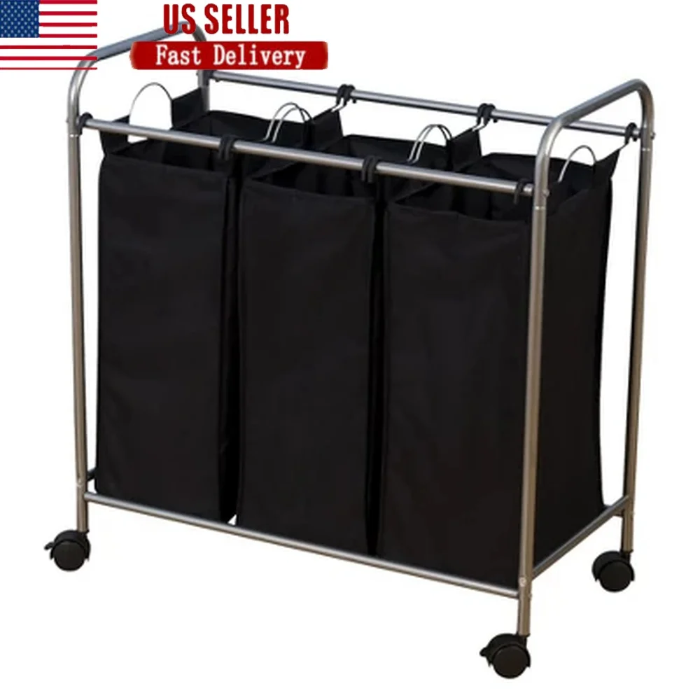 

3 Compartment Portable Laundry Sorter with Wheels Removable Bags Steel Frame Heavy Duty Hamper Home Dorm Room