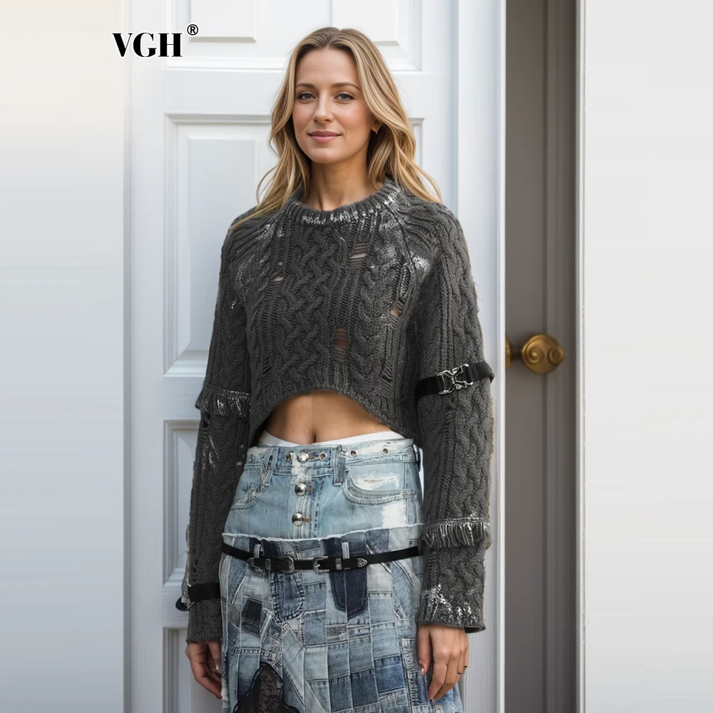 

VGH Hollow Out Patchwork Belt Knitting Sweaters For Women Round Neck Long Sleeve Solid Irregualr Pullover Sweater Female Style