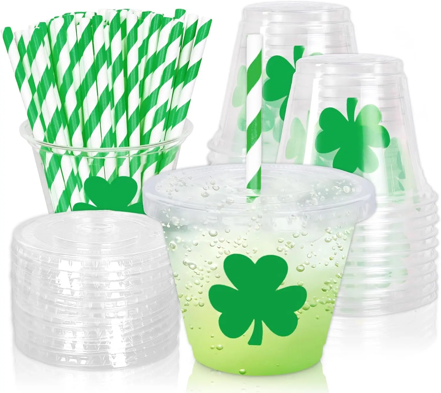 

100Pcs 9Oz St. Patrick' s Day Disposable Plastic Cups with Lids and Straws Irish Green Shamrock Clover Cold Beverage Dri