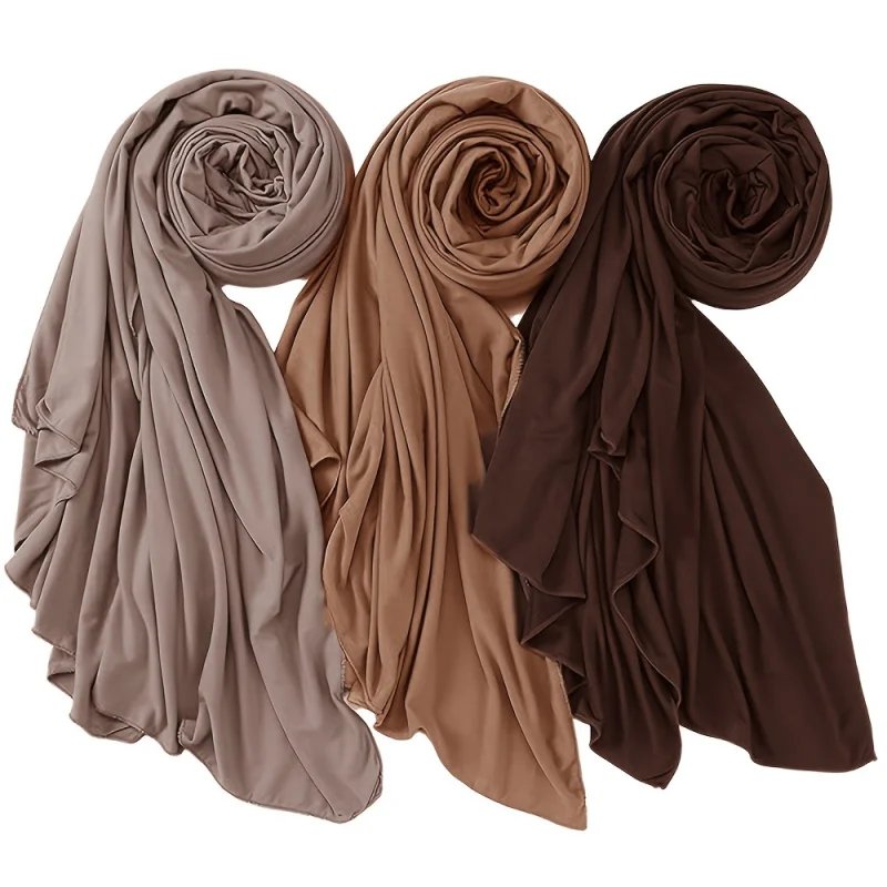 

3 Instant Headscarf Set，Comes with Modal Inner Tube Cap，Convenient Women's Solid Color Chiffon Muslim Headscarf。