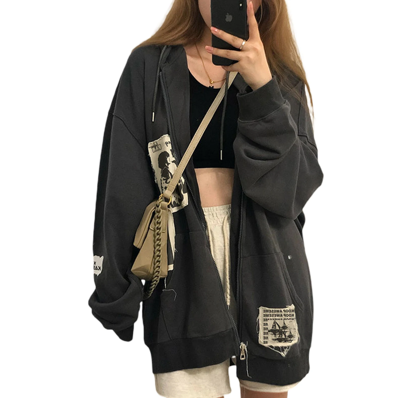 Vintage Graffiti Print Oversized Coats for Wmen Grunge Kawaii E-Girl Aesthetic Long Sleeve Zip Up Hooded Outerwear Streetwear