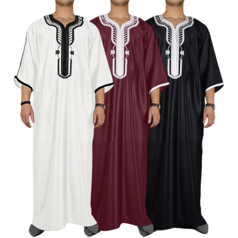 2024 Spring and Summer Caftan New Muslim Men\'s Black Robe Short Sleeves Embroidered Arabic Ethnic Style Men\'s Islamic Clothes