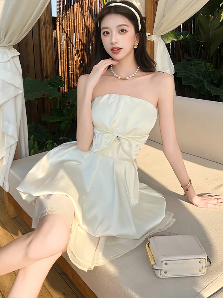 2025 New White Satin Chic Bow Beading Dress Women Elegant Chest Wrapping Sexy Mini Dress Summer Korean Bodycon Birthday Dresses