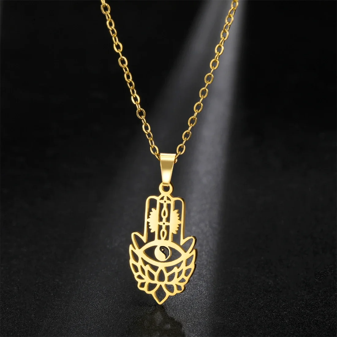 Fatima Hansa Handheld Lotus Stainless Steel Necklace Women's Anniversary Birthday Wedding Blessing Gift