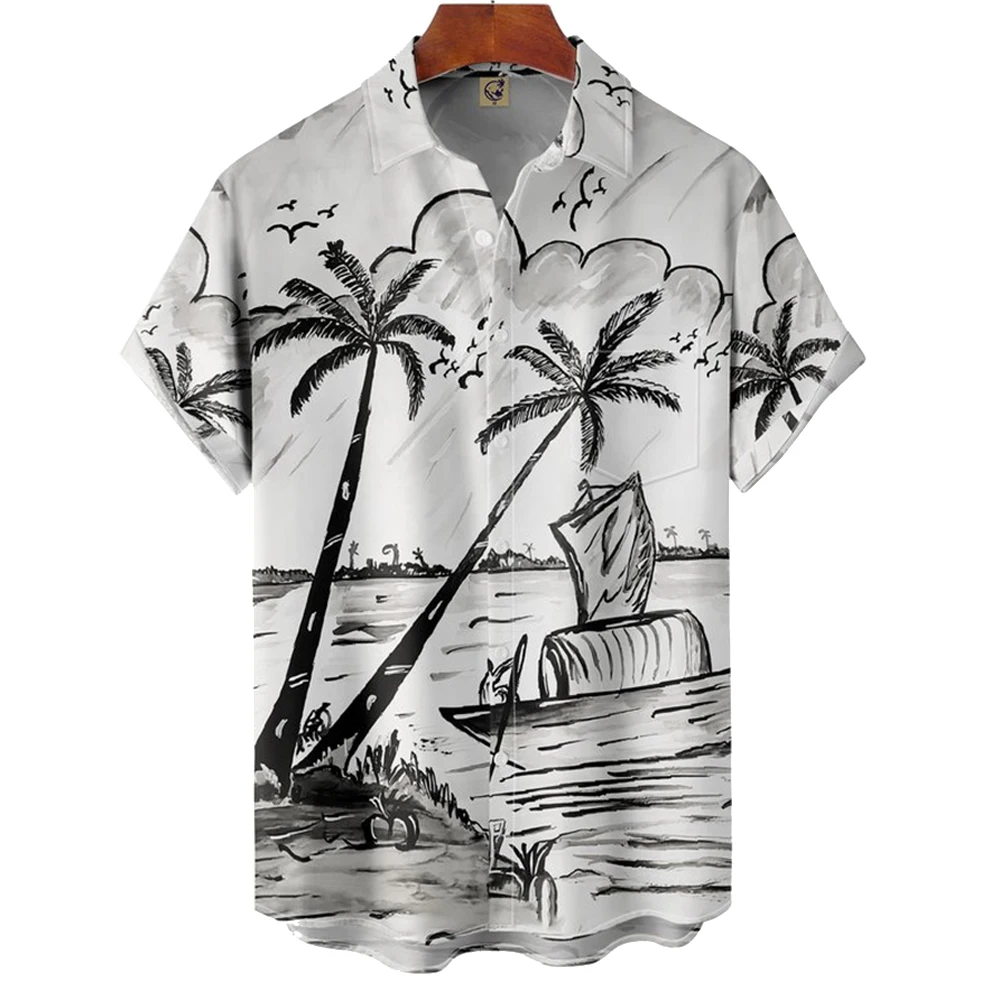 Vintage Hawaiian Mannen Shirt Slim Licht Kokospalm Print Korte Mouw Top Camisas Mode Toevallige Strand Reizen Shirts Blouses