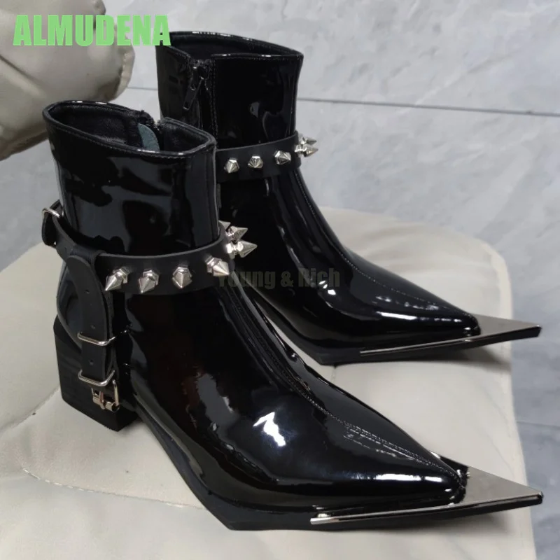 

Metal Pointed Short Boots Fashionable Rivet Decoration Belt Buckle Side Zipper Square Heel Black Casual Temperament Short Boots