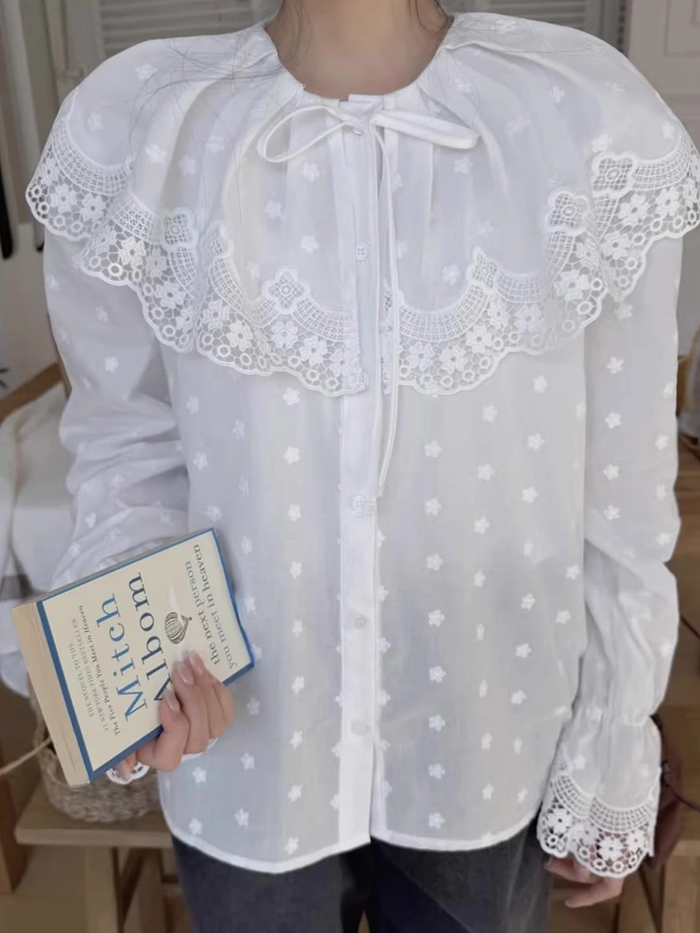 

Liliang Sweet Sle Lace Trimmed Patchwork Doll Collar Long Sve Women's irt Korean Version Loose Fit Polyester Fiber