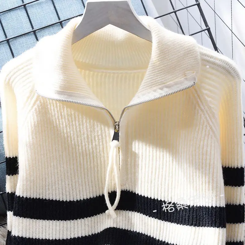 Polo neck zipper stripe pullover sweater for women loose sweater 2023 autumn/winter Japanese knit sweater pullover female top