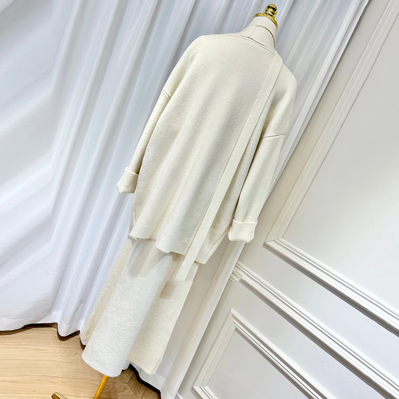 KBQ Solid Three Piece Sets for Women V Neck Short Vest High Waist A Line Long Skirts Cardigan Jacket Sweater Elegant Set Female