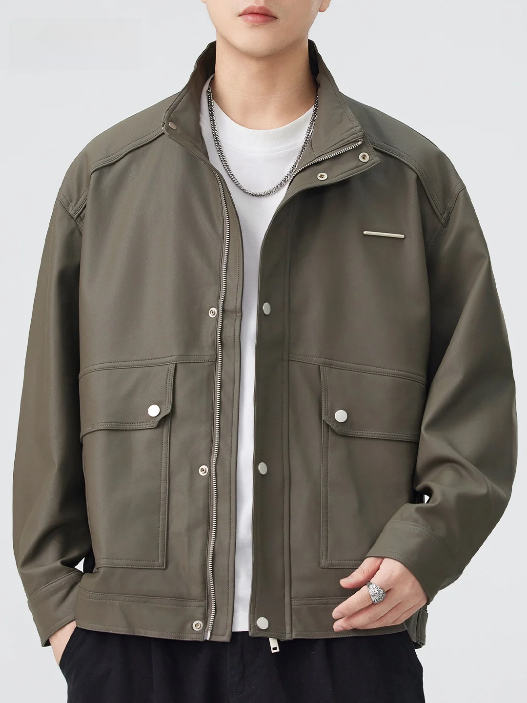 

Yacang осень-зима американский Sle мужской кожаный джат мотоциклетный джат с воротником-стойкой спецодежда Bla High Street Cool