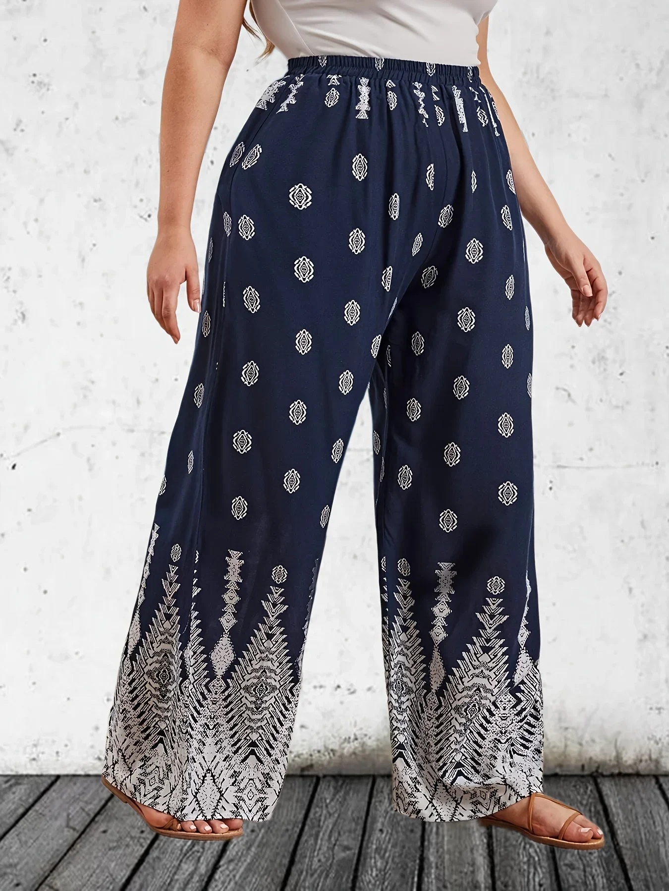 Plus Size Women's High Waisted Printed Wide Leg Pants Ladies Fashion Loose Fit Elastic Long Casual  Pants