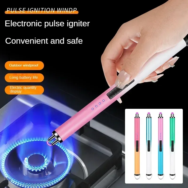 Aromatherapy Candle Kitchen Gas Stove BBQ Lighter Metal Windproof USB Electric Rechargeable Lighter LED Light Safety Lock Hook