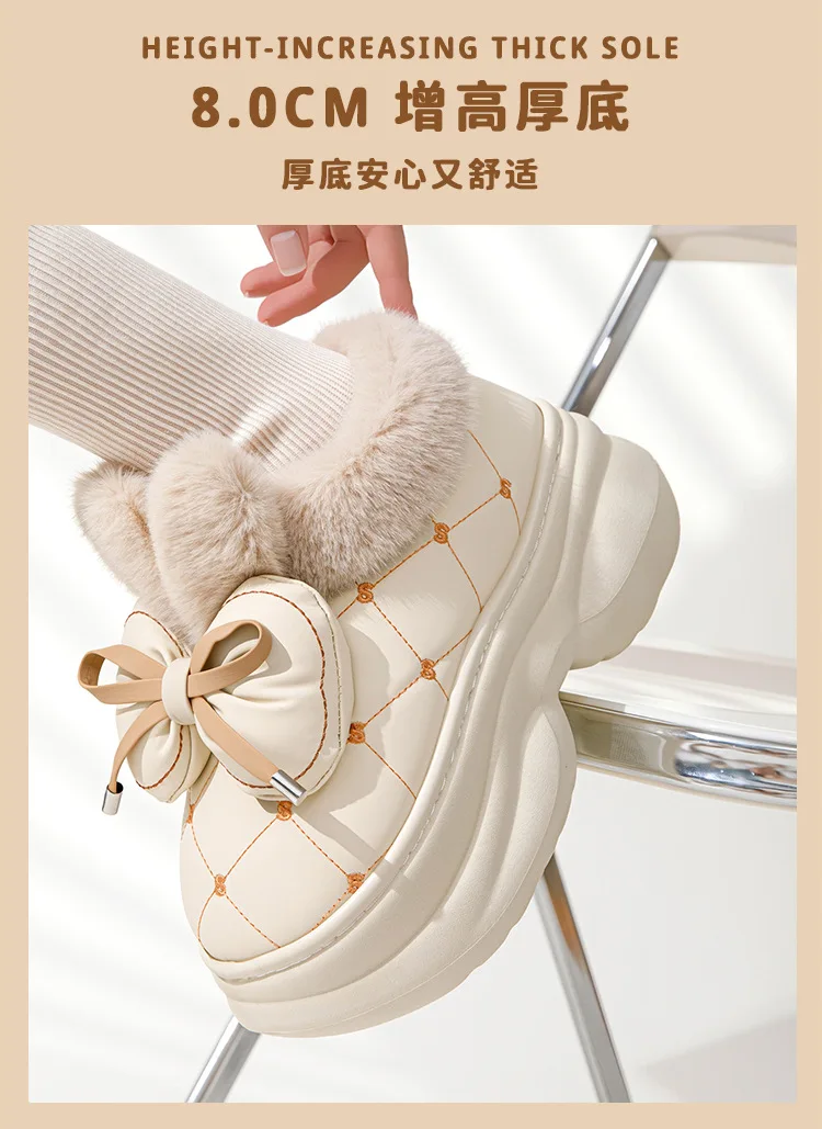 8 cm hohe Pantoffeln für Damen, klobige Plattform, Winter, pelzige Schleifenschuhe, Damen-Hausschuhe aus Kaninchenfell, wasserdichte Hasen-Mules, Clog-Schuhe – Detail 18