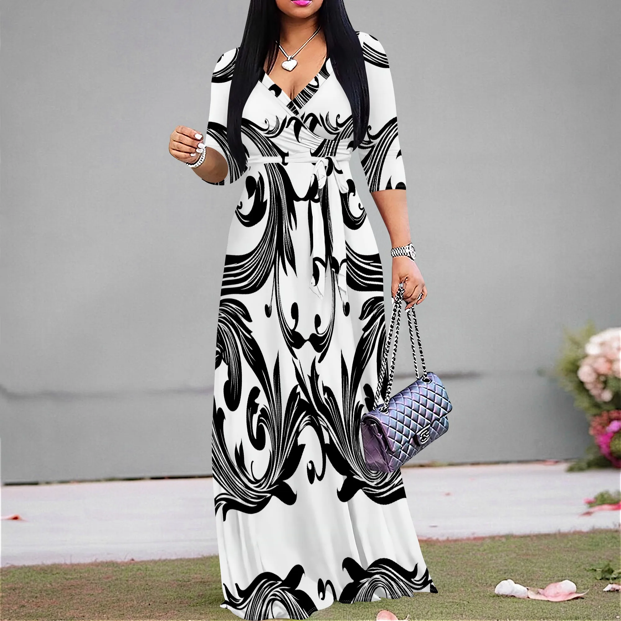 

Black and White Floral Print Maxi Dress S-3XL V-Neck Belted for Evening Gala, Wedding Reception or Fashion Event