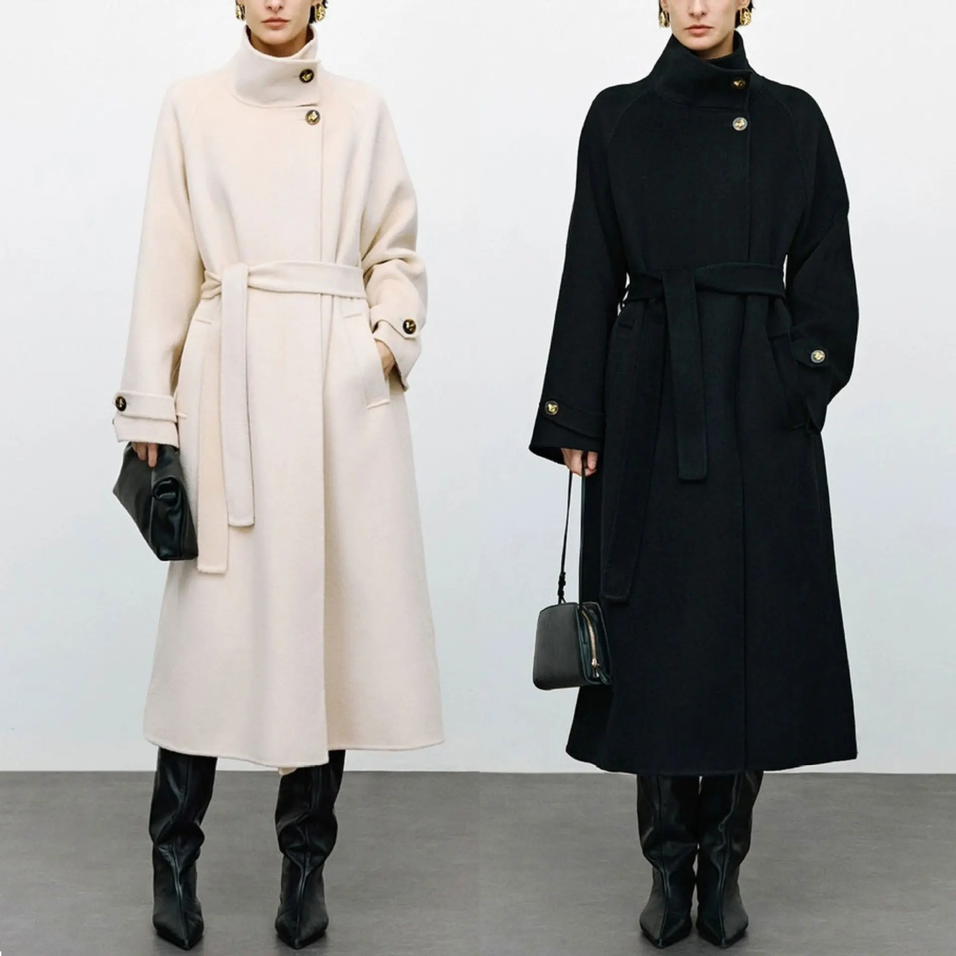 

Winter New Collar Wool Coat Women's Long Waist Woolen Coat