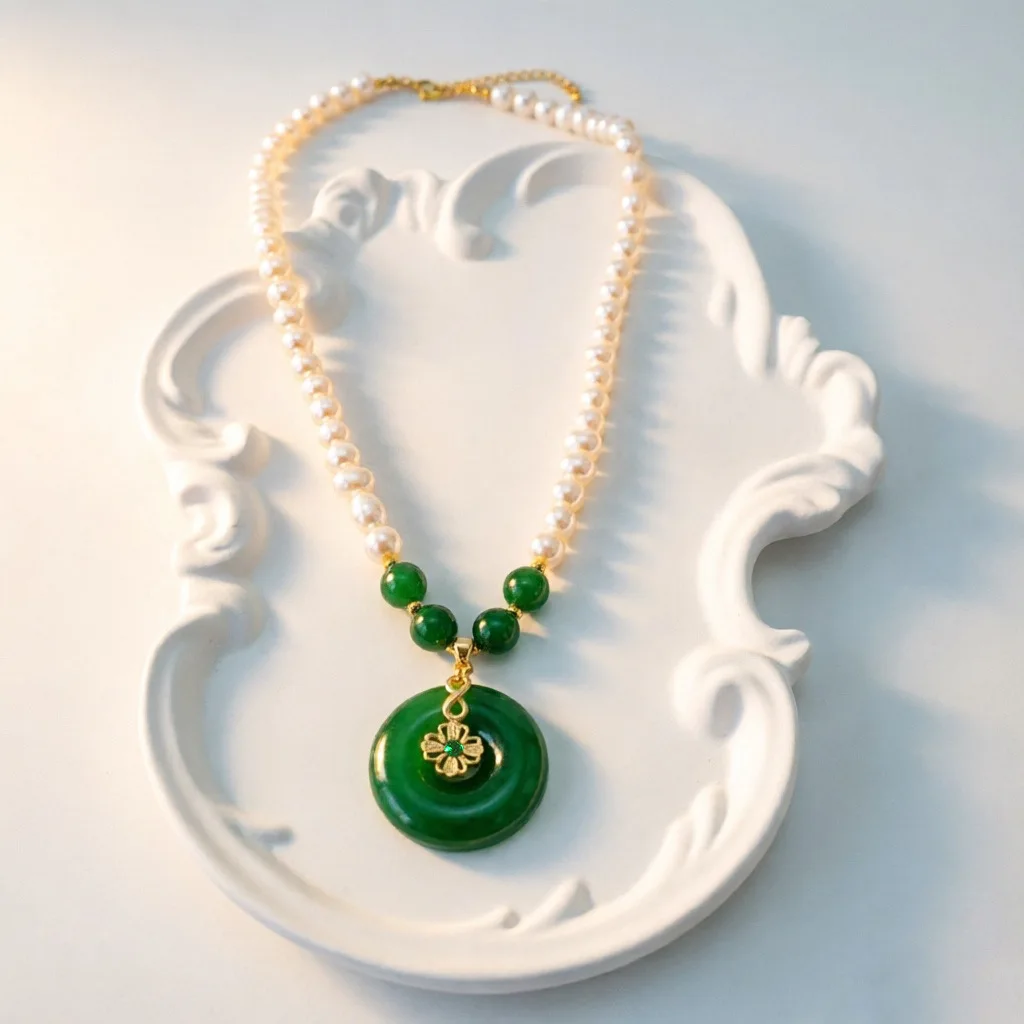

Chinese Style Freshwater Pearl Green Agate Buckle Necklace Jade Pendant Clavicle Chain Elegant Versatile Women Neck Accessory