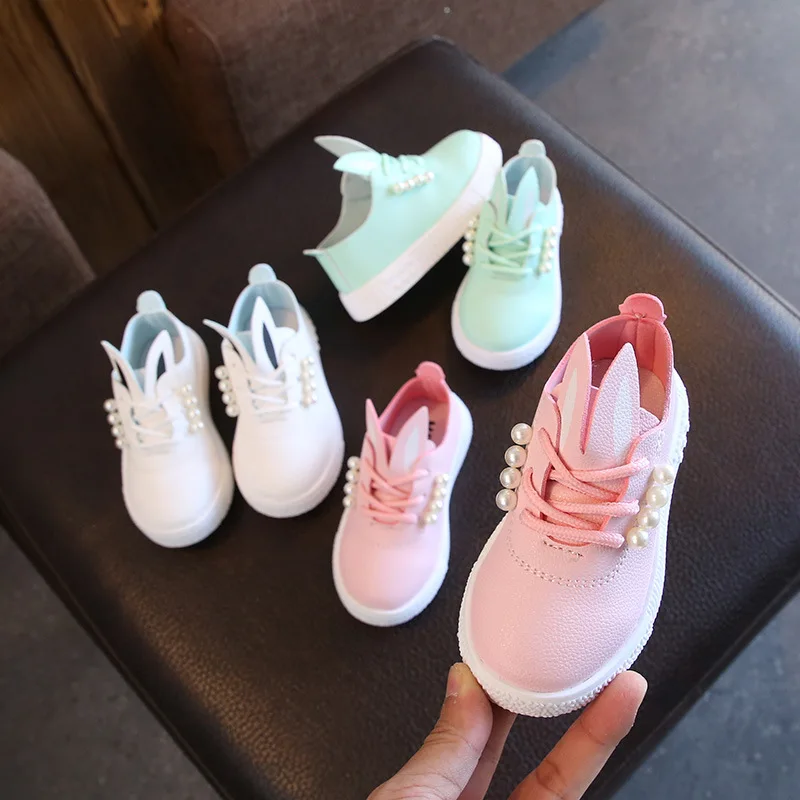 23 Autumn Girls' Shoes Soft Sole Shoes for Kids Girls Leather Shoes Pearl Princess Shoes Cute Casual Shoes Rabbit Ear Kid Shoes