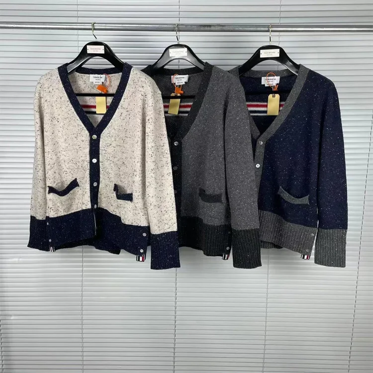 TB Tom Autumn/Winter New V-Neck Classic Wool-Blend Cardigan Unisex Sweater With Colorful Striped Back Same As Women's